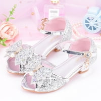 Dječje cipele; svjetlucave sandale s rhinestonesom; princezine cipele na visoku petu s mašnom; modne cipele za djevojčice u srebrnoj
