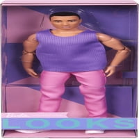 Lutka Ken, Barbie izgled, crna kosa, ljubičasti top s ružičastim hlačama