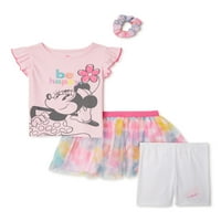 Minnie Mouse Baby & Toddler Girls's Flutter Slave Top, suknja, biciklističke kratke hlače i Scrunchie, četverodijelni odjevni set,