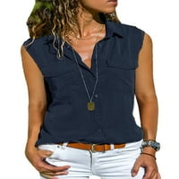 Ženske majice, bluza s reverom, Ležerne košulje, ženska osnovna poslovna košulja-tunika u tamnoplavoj boji.