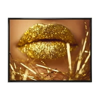 DesignArt 'Moderno uokvirena zlatna ženska usana u obliku platna zidne umjetničke tisak