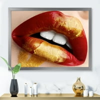 DesignArt 'puna ženske usne sa zlatom i crvenom' modernom uokvirenom umjetničkom tiskom
