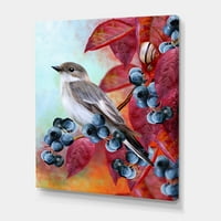 Izbliza mala siva ptica na crvenoj jeseni na grančici borovnice Slikarstvo platno umjetnički tisak