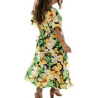 Ženska ljetna ležerna duga haljina s cvjetnim printom i izrezom u obliku slova u, Kratki rukav, boho svečana haljina visokog struka