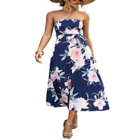 Ženska duga haljina s ramena, maksi haljine, ljetna sundress bez naramenica, cvjetni havajski pelerine za plažu, Mornarsko plava