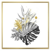 Dizajnerska umjetnost buket sa zlatnim tropskim lišćem i jednobojnim zidnim tiskom na platnu u tropskom okviru