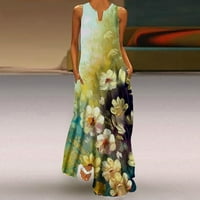 Ženska ležerna široka haljina s naramenicama s printom, sarafan za plažu s izrezom i džepovima u obliku slova U, haljine bez rukava,