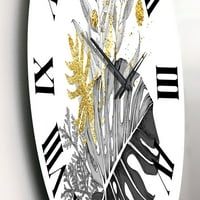 Zidni sat u stilu umjetničkog dizajna buket s jednobojnim i zlatnim tropskim lišćem u tropskom stilu. Širok V. Visok