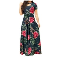 Ženska duga haljina s kratkim rukavima s cvjetnim printom, Okrugli vrat, veliki vrat broda, ruffles, a-line tanka haljina, crvena