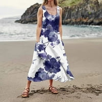 Ženska ljetna ležerna modna haljina bez rukava s cvjetnim printom s okruglim vratom s džepovima u tamnoplavoj boji;