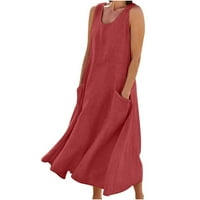 Ljetne haljine za žene Rasprodaja Ženska ljetna jednobojna duga haljina od pamuka i lana bez rukava u crvenoj boji 10