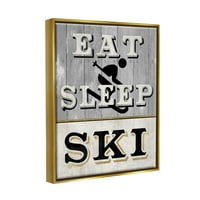 Stupell Industries jede Spavanje skijatij rustikalni znak Grafička umjetnost Metalno zlato plutajuće uokvireno platno Umjetnost tiska,