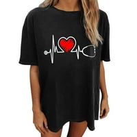 Ženske Ležerne majice s printom srca u donjem rublju Osnovna ljetna modna mekana bluza kratkih rukava široka majica Crna rasprodaja