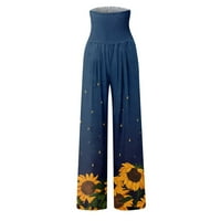 Ženske ljetne Ležerne lanene hlače širokog kroja s printom, široke hlače visokog struka s džepovima, plave boje