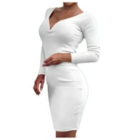 Bijela ženska haljina jednobojna, zaobljenih oblika, dugih rukava, dubokog dekoltea u obliku slova B, s torbom, Ženske haljine u