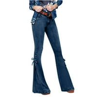 Ženske flare traperice, modne traper hlače srednjeg rasta s bočnim prorezom na vezanje, rastezljive hlače s raširenim hlačama, duge