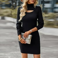 Ženska dolčevita s dugim rukavima pleteni rastezljivi tanki džemper pripijena Mini haljina od džempera u crnoj boji