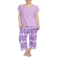Ženski pidžama Set od ramena i ramena s majicom s okruglim vratom i Kapri hlačama od ramena