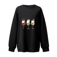 2 / Ženske majice s okruglim vratom preveliki Božićni ispis čaše crnog vina Okrugli vrat preveliki pulover tiskani džemper gornji