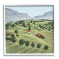 Slikovita priroda, blago nagnuta brda, zabačene seoske Vikendice, mural u bijelim okvirima, zidni tisak, dizajn;