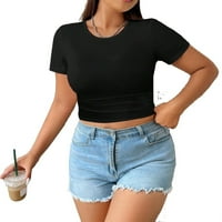 Ženska ležerna jednobojna majica kratkih rukava s okruglim vratom crne majice plus veličine