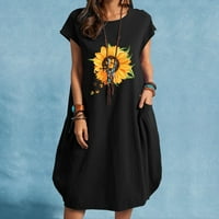Haljina s dugim rukavima s okruglim vratom, modna ženska ležerna haljina s printom suncokreta, Plus veličina, Crna 932213