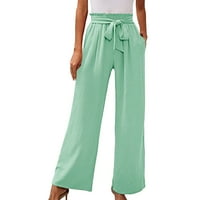 Ženske casual jednobojne hlače, široke Palazzo hlače visokog elastičnog struka s džepom, ženske casual hlače zelene boje