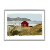 _ Seoska crvena kuća na jezeru s pogledom na daleke planine siva uokvirena zidna slika, dizajn J. Lo. Vice, molim te.