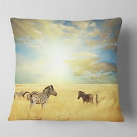 Designart Sunset nad travnjakom sa zebrama - jastuk za bacanje afričkog krajolika - 18x18