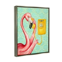 Stupell Industries Flamingo pomoću retro telefona motiv cvijeća s uzorkom grafičke umjetnosti siva plutajuća uokvirena platna za