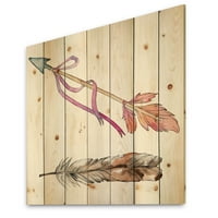 DesignArt 'Pink Bird Feather od krila na strelici' Boemijski i eklektični otisak na prirodnom borovom drvetu