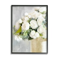 Romantični aranžman od bijelih ruža, botanička i cvjetna grafika, umjetnički tisak u crnom okviru, zidna umjetnost