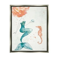 Grafika sirena i oceanski morski konj, sjajno sivo platno s plutajućim okvirom, zidni tisak, dizajn Anne Tavoletti