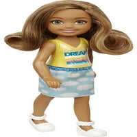 Lutka Barbie Chelsea, mala lutka sa svijetlosmeđom kosom i smeđim očima u odvojivoj suknji s printom oblaka