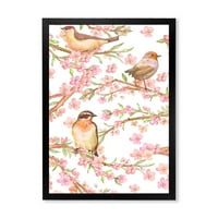 Lijepe ptice na granama cvjetnih badema uokvirenih slikarskim platno umjetnički tisak