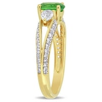 Ženski prsten od 10 karatnog žutog zlata s 3 kamena i podijeljenom drškom od Tsavorita ovalnog reza, kruškolikog reza, okruglog reza
