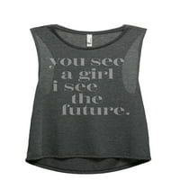 Vidite djevojku, vidim budućnost ženska modna majica za vježbanje mišića bez rukava, majica za jogu, tamno siva, mala