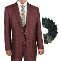 Luksuzno muško provjereno odijelo od 3 komada, sako, prsluk i hlače s parom čarapa-bordo 44 inča