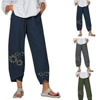 Ženske ljetne široke Capri hlače s boho elastičnim pojasom od pamuka i lana s printom maslačka široke široke ošišane hlače za slobodno