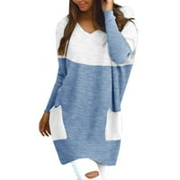 Jesenske kapuljače za žene s dugim rukavima u boji, vrhovi, pleteni pulover s izrezom u obliku džepa, bluza s džepovima, plava u