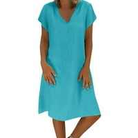 Ženska labava ljetna jednobojna haljina od pamuka i lana s izrezom u obliku slova U i kratkim rukavima u plavoj boji od 5 inča
