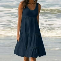 Ženska ljetna ležerna haljina za ljuljanje bez rukava, jednobojna ležerna lepršava haljina za plažu u tamnoplavoj veličini
