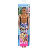 Lutka na plaži Barbie Ken sa smeđom kosom u kupaćem kostimu s tropskim printom