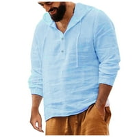 Dizajnerska proljetno-ljetna Muška ležerna pamučna lanena jednobojna majica s dugim rukavima s labavim ovratnikom-svijetloplava majica