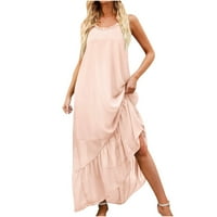Ljetne haljine za žene, visoka visoka Maksi haljina s naramenicama, jednobojna lepršava duga haljina za plažu u ružičastoj boji,
