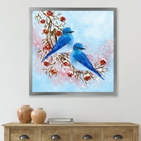 DesignArt 'dvije plave ptice koje sjede na grani s bobicama zimi' tradicionalni uokvireni umjetnički tisak