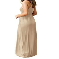 Prozračna ženska Maksi haljina veličine plus ležerna jednobojna haljina s okruglim vratom s džepom na naramenice