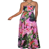 Ženska ljetna ležerna haljina s cvjetnim printom na pruge, bez rukava, Bez leđa, opremljena duga haljina s remenom