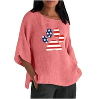 Ženski džemperi s modnim printom zastave, rukavi od tri četvrtine, Okrugli vrat, lanena košulja, vrhovi, majica, bluza, radna odjeća,