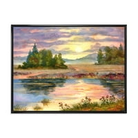 Rustikalno jezero u zalasku sunca navečer, uokvirena slika, umjetnički tisak na platnu
